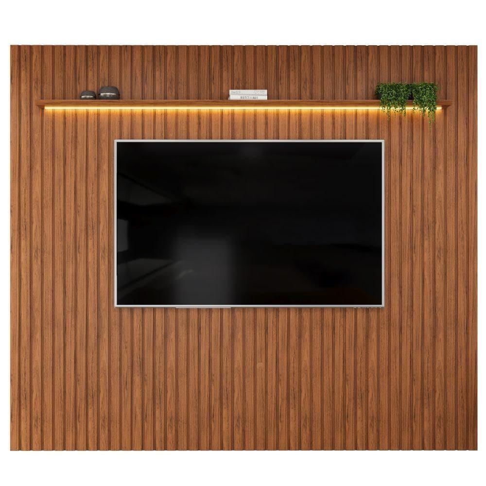 Painel Para Até 90 Polegadas 2,75m Ripado Autêntico Com Led E Prateleira Montreal Madeirado Madeirado