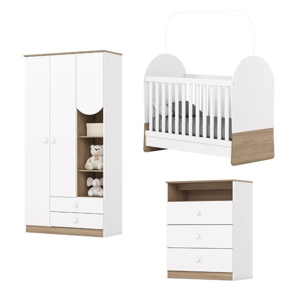 Dormitório Infantil Completo Berço Mini Cama 3x1 Para Quarto Bebê Magia Branco / Madeirado