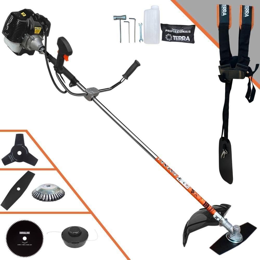 Roçadeira Terra Grh520 À Gasolina 52cc 2,5hp + Faca 3p Duraline 255mm 2,9mm + Faca 80d Duraline 255mm 1,5mm