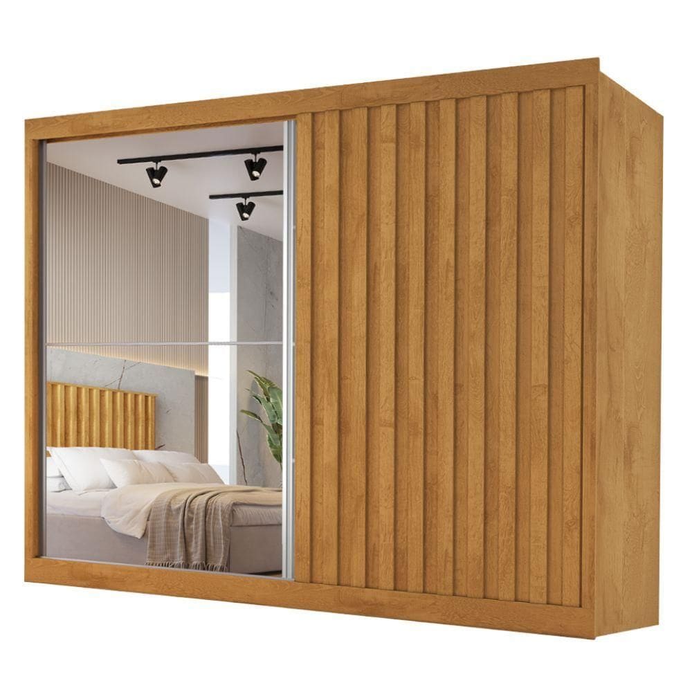 Guarda Roupas Casal 2 Portas De Correr Com Espelho Ripado 100% Mdf 4 Gavetas Malta Madeirado