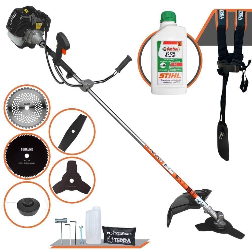 Roçadeira Profissional Terra Grh430 À Gasolina 43cc 1,7hp + Faca 3p Duraline + Faca 40d Duraline + Faca 80d Duraline +