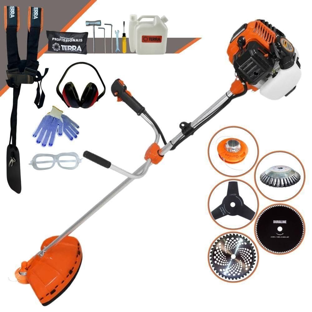 Roçadeira Profissional Lateral Terra Gr520xp À Gasolina 52cc 2t 2,5hp + Faca 3 Pontas 255mm + Faca 80 Dentes 255mm + Es