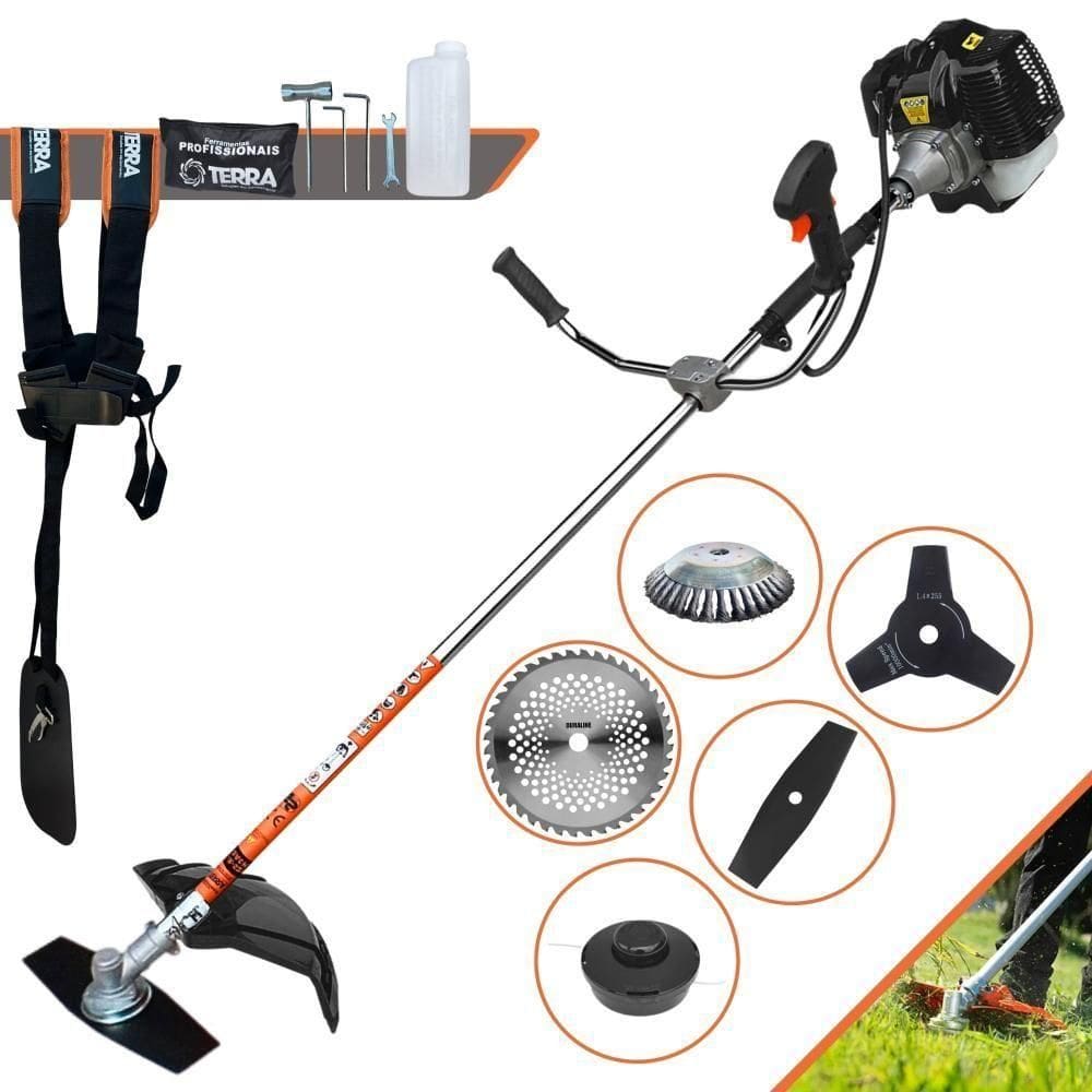 Roçadeira Terra Grh520 À Gasolina 52cc 2,5hp + Faca 3p Duraline 255mm 2,9mm + Faca 40d Duraline 255mm 2mm