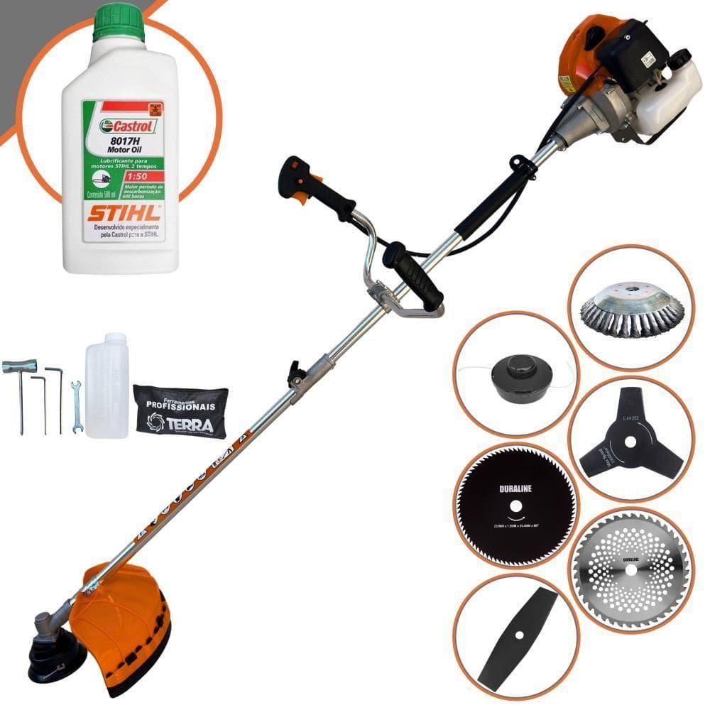 Roçadeira Profissional Terra Grhb430 À Gasolina 43cc 2t 1,7hp + Faca 3 Pontas + Faca 40 Dentes + Faca 80 Dentes + Escov