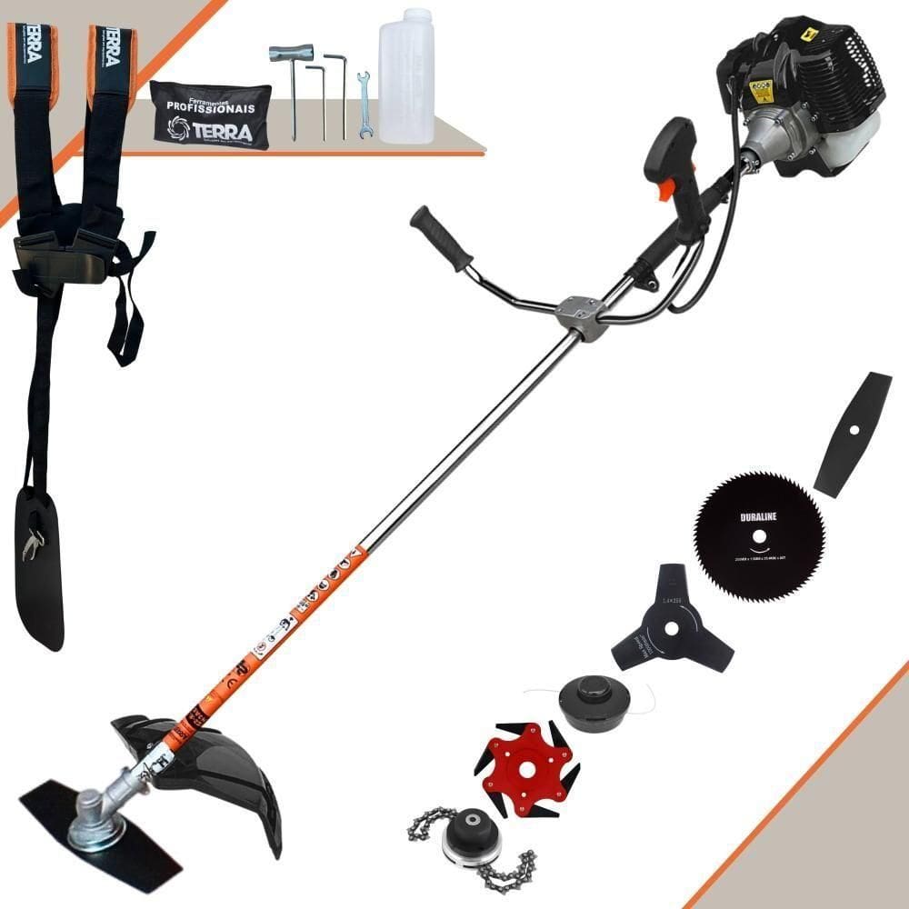 Roçadeira Profissional Lateral Terra Grh520 À Gasolina 52cc 2t 2,5hp + Faca 3 Pontas 255mm + Faca 80 Dentes 255mm + Tri