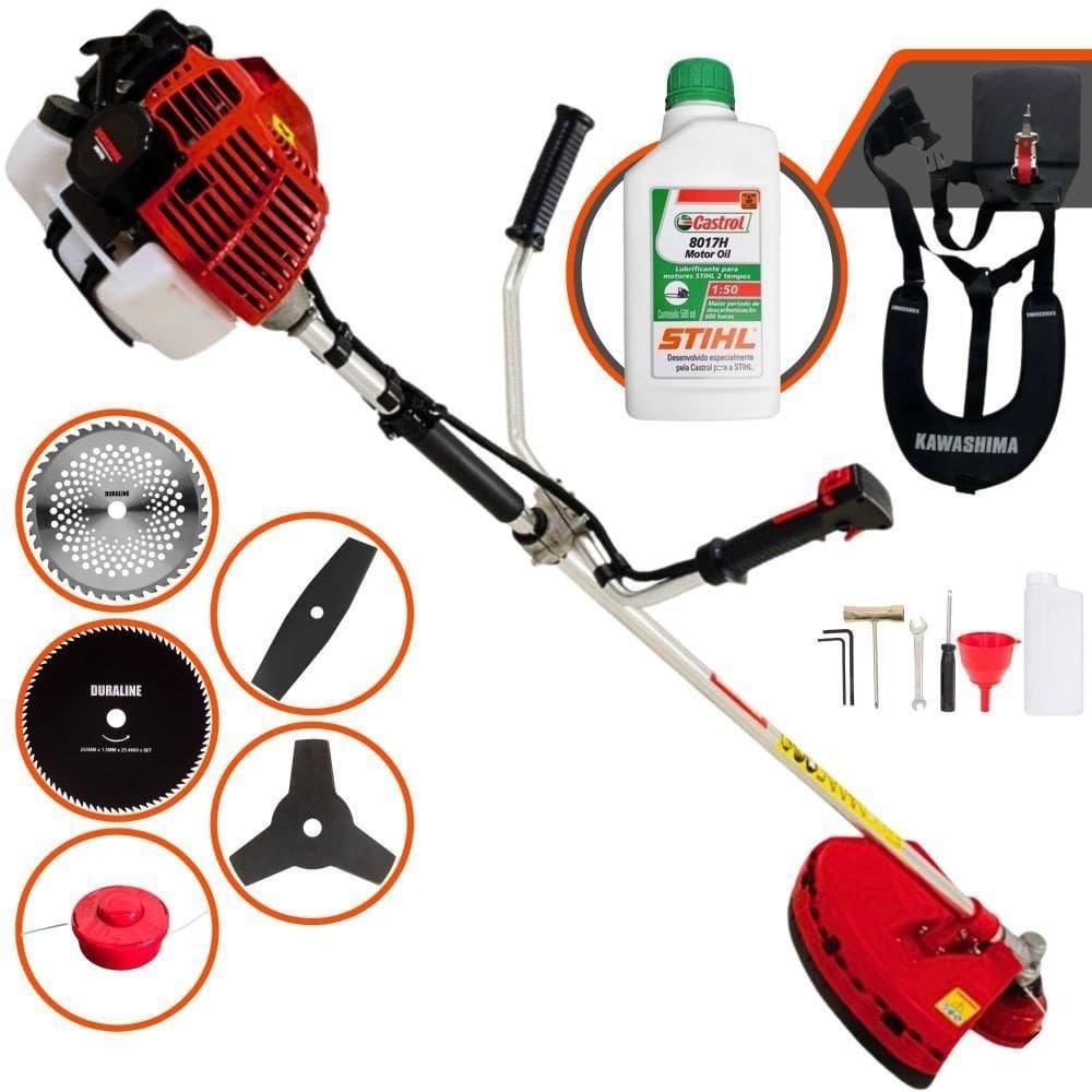 Roçadeira Profissional Kawashima Kw52l À Gasolina 52c 2,5hp + Faca 2 Pontas 330mm + Faca 40 Dentes 255mm + Faca 80 Dent