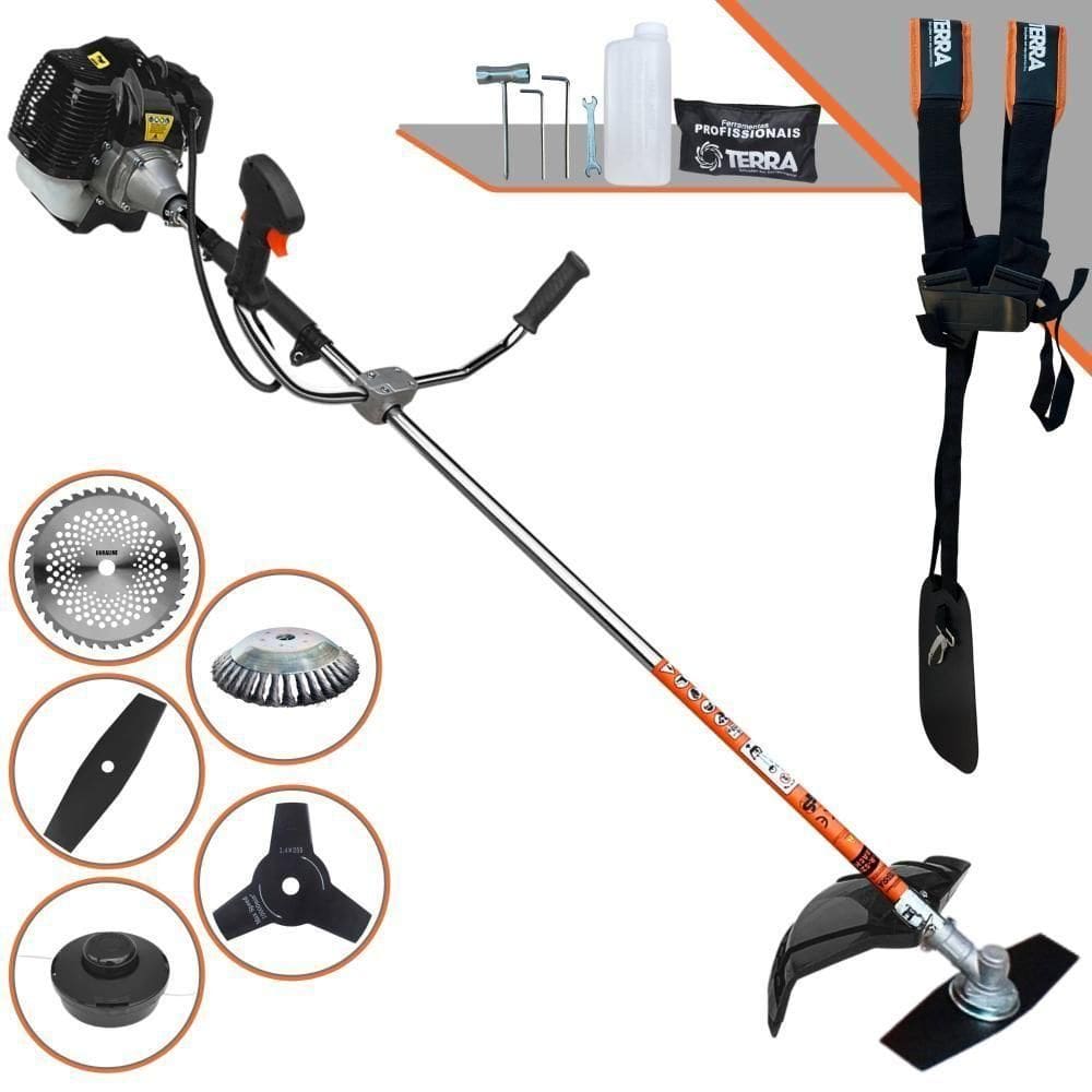 Roçadeira Terra Grh520 À Gasolina 52cc 2,5hp + Faca 3p Duraline 255mm 2,9mm + Faca 40d Duraline 255mm 2mm