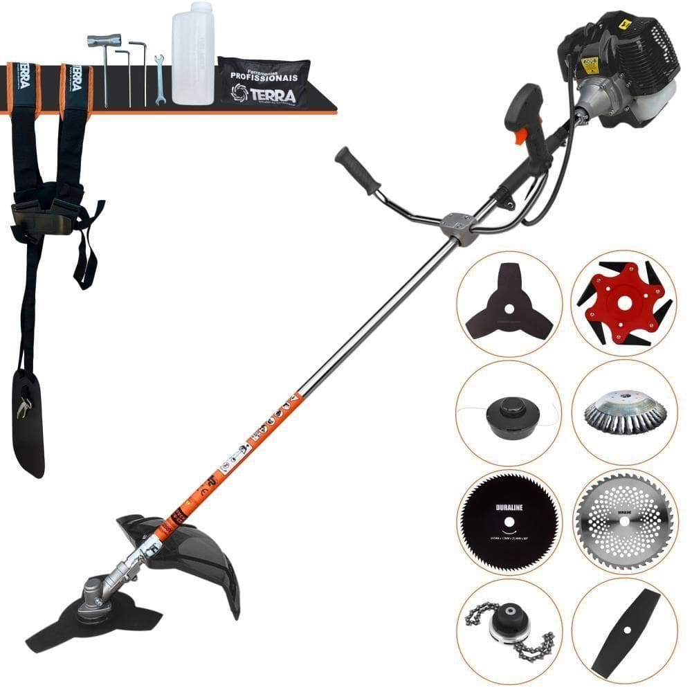 Roçadeira Profissional Terra Grh430 À Gasolina 43cc 1,7hp + Faca 2 Pontas + Faca 40 Dentes + Faca 80 Dentes + Faca 6 Po