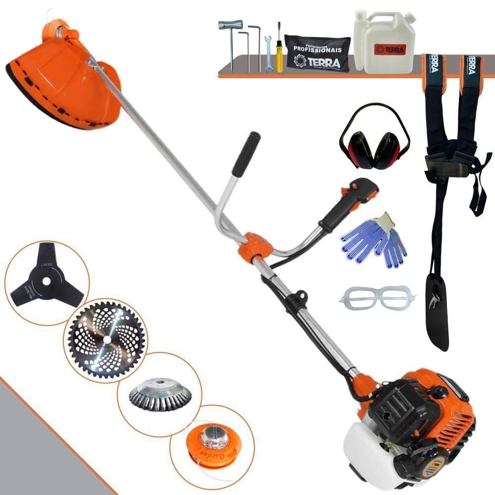 Roçadeira Profissional Lateral Terra Gr520xp À Gasolina 52cc 2t 2,5hp + Faca 3 Pontas 255mm 2,9mm + Escova Rotativa 38