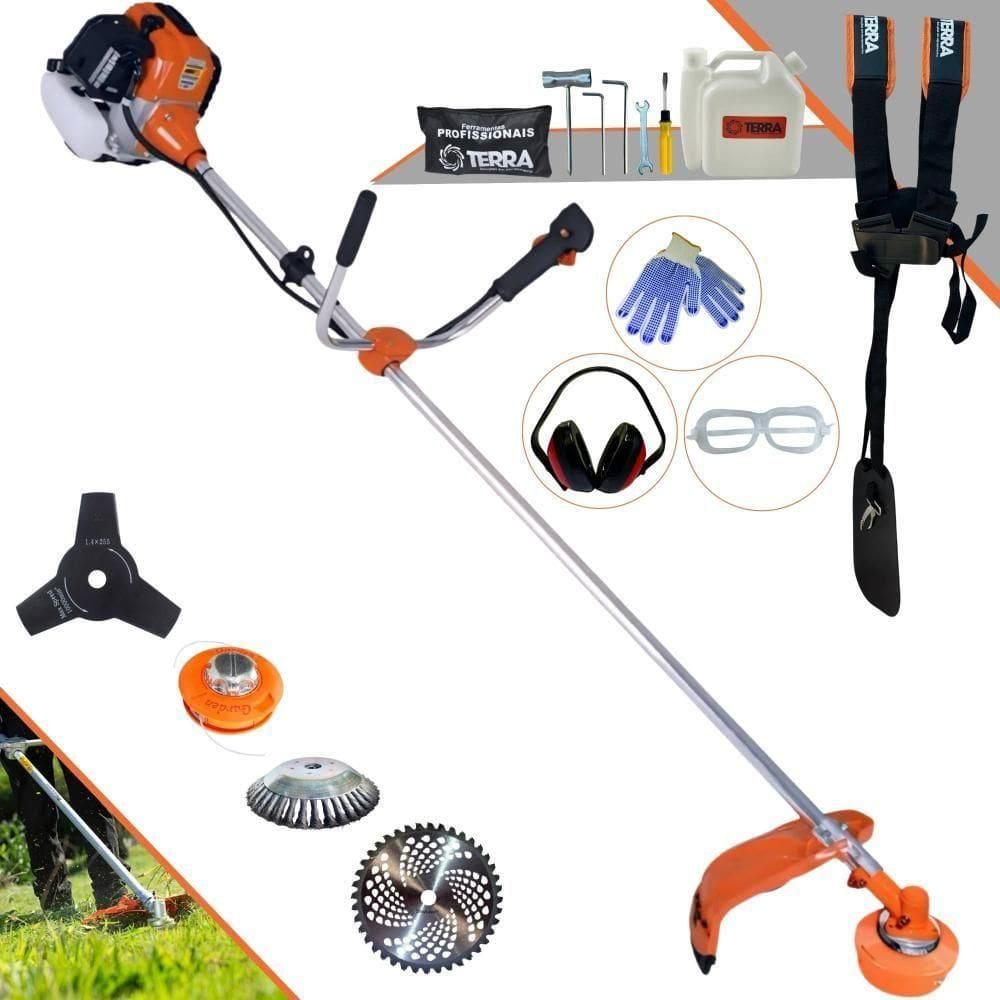 Roçadeira Profissional Lateral Terra Gr520xp À Gasolina 52cc 2t 2,5hp + Faca 3 Pontas 255mm 2,9mm + Escova Rotativa 38