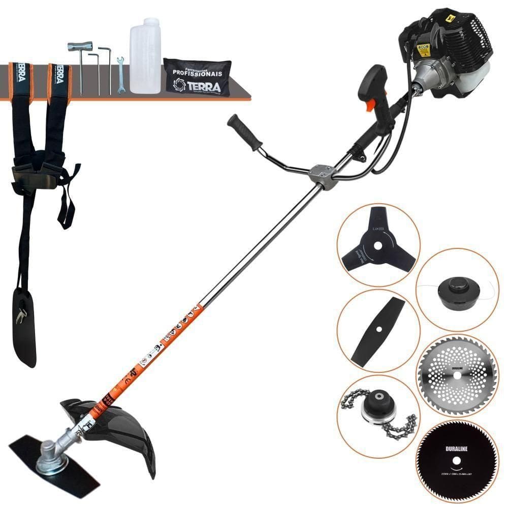 Roçadeira Profissional Terra Grh520 À Gasolina 52cc 2,5hp + Faca 3 Pontas 255mm + Faca 40 Dentes 255mm + Faca 80 Dentes