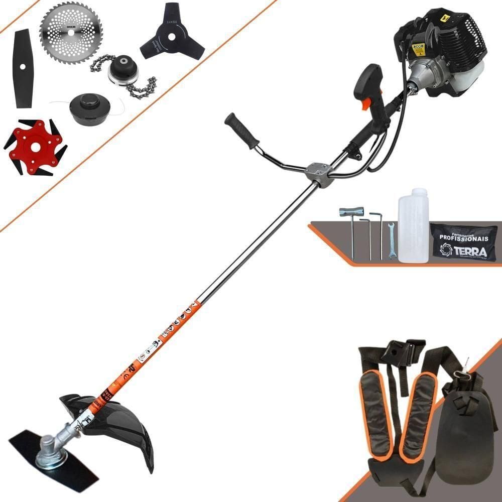 Roçadeira Profissional Lateral Terra Grh520 À Gasolina 52cc 2t 2,5hp + Faca 3 Pontas 255mm + Faca 40 Dentes 255mm + Tri