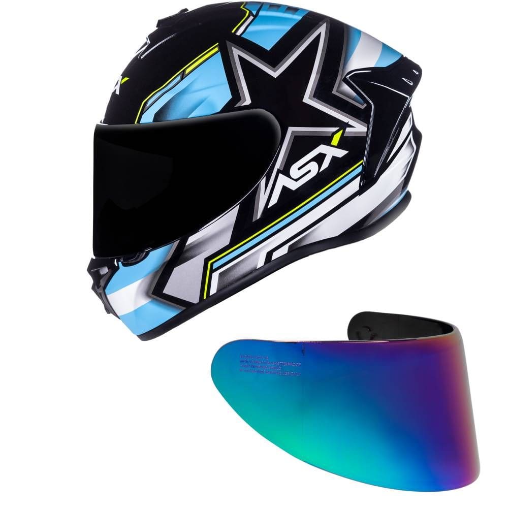 Capacete ASX Draken Pilot Preto Azul e Amarelo Mais Viseira Camaleão