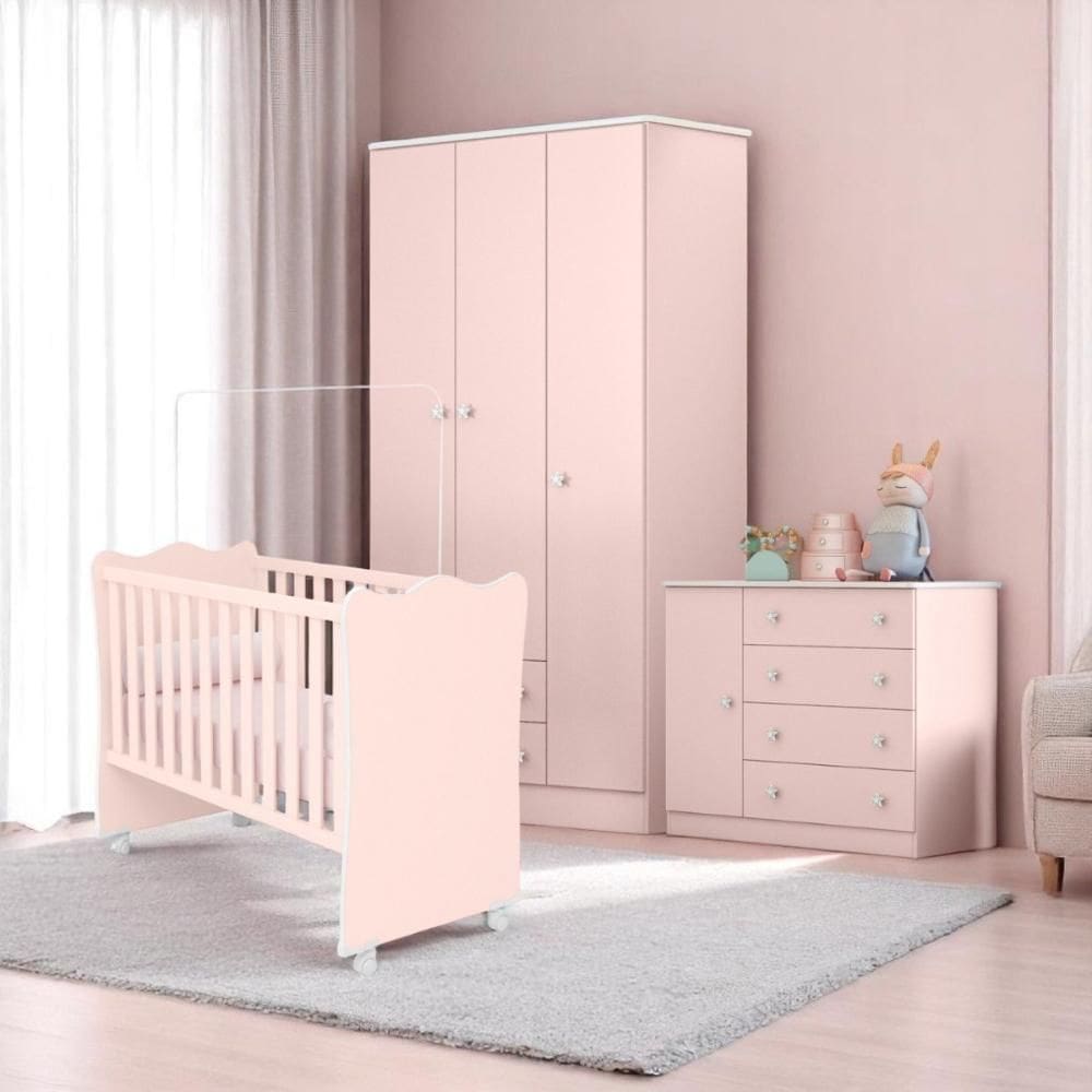 Conjunto Infantil Doce Sonho Rosa: Berço Doce Sonho + Kit Rodízios + Cômoda Doce Sonho + Guarda-Roupa Doce Sonho