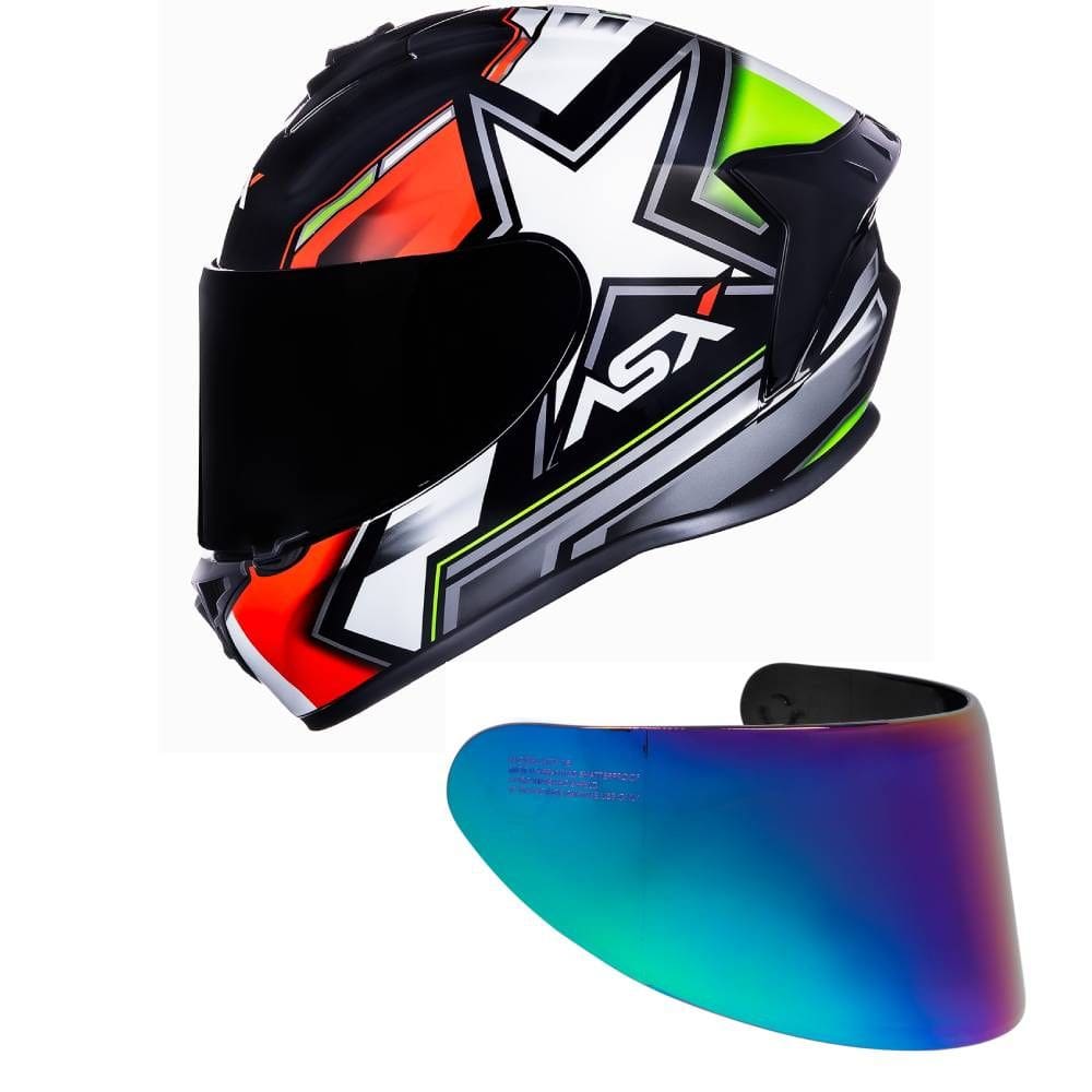 Capacete ASX Draken Pilot Preto Vermelho e Verde Mais Viseira Camaleão