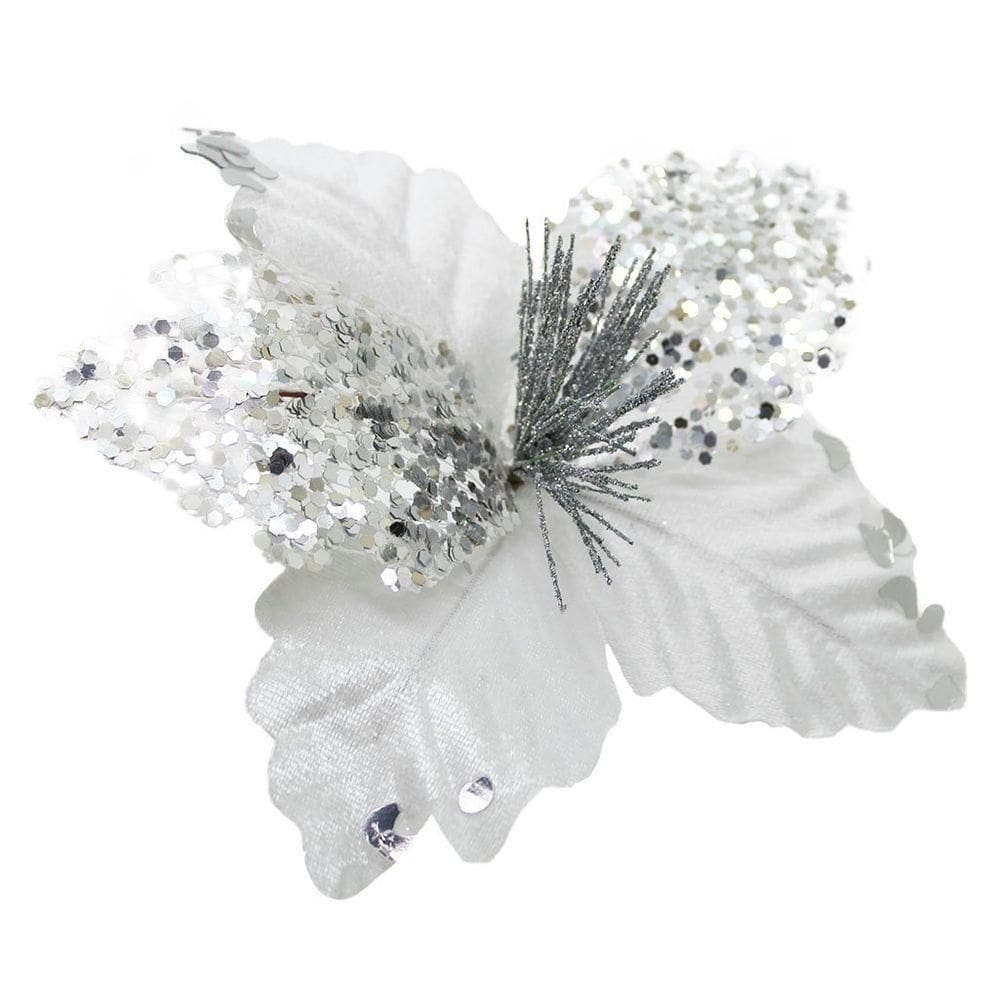 Kit 10 Flor De Natal Prata Artificial Com Brilho 19cm