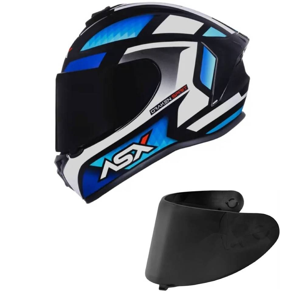 Capacete ASX Draken Spirit Preto Azul e Branco Mais Viseira Fumê