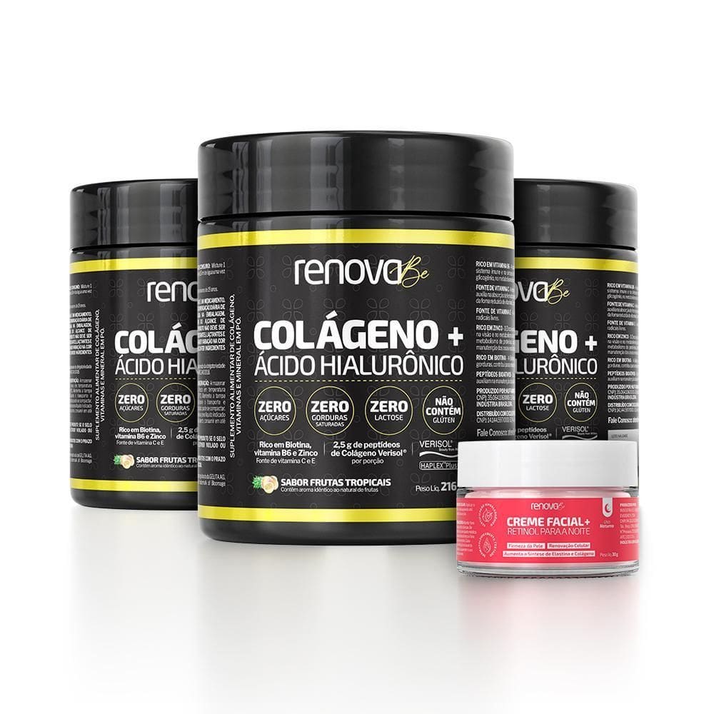 3 Potes Colágeno Verisol Renova Be + 1 Creme Facial Retinol
