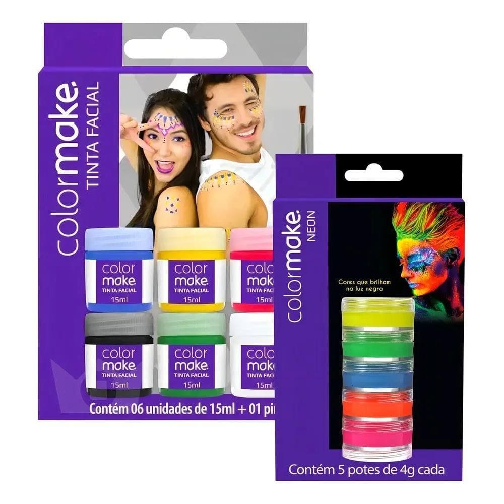 2X Kit Tinta Facial Color Make 06 Cores + 5 Neon + Pincel