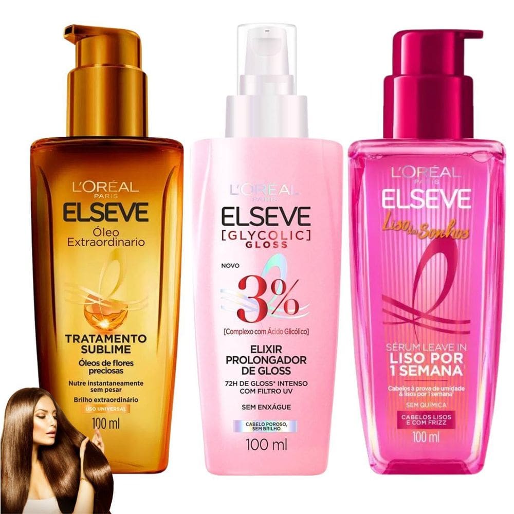 Kit Elseve Óleo Extraordiná Elixir Gloss Sérum Leave In Liso