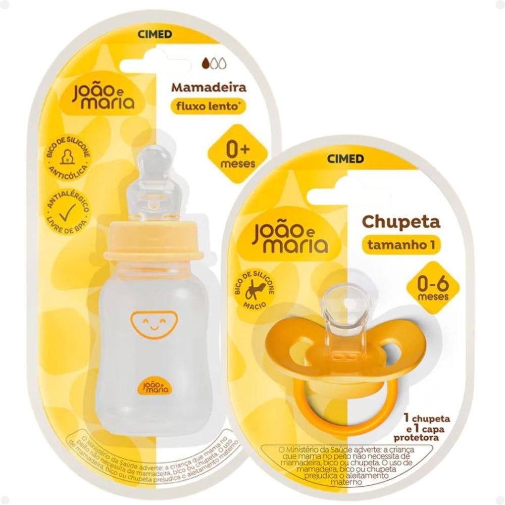 Kit Cimed João e Maria 0-6 Meses: Mamadeira Fluxo Lento 120ml e Chupeta Com Capa Protetora Tamanho 1