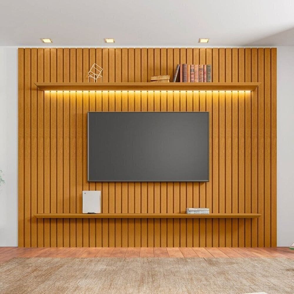 Painel para TV até 75 Polegadas Ripado com 2 Prateleiras 1 com LED Roma Cinamomo