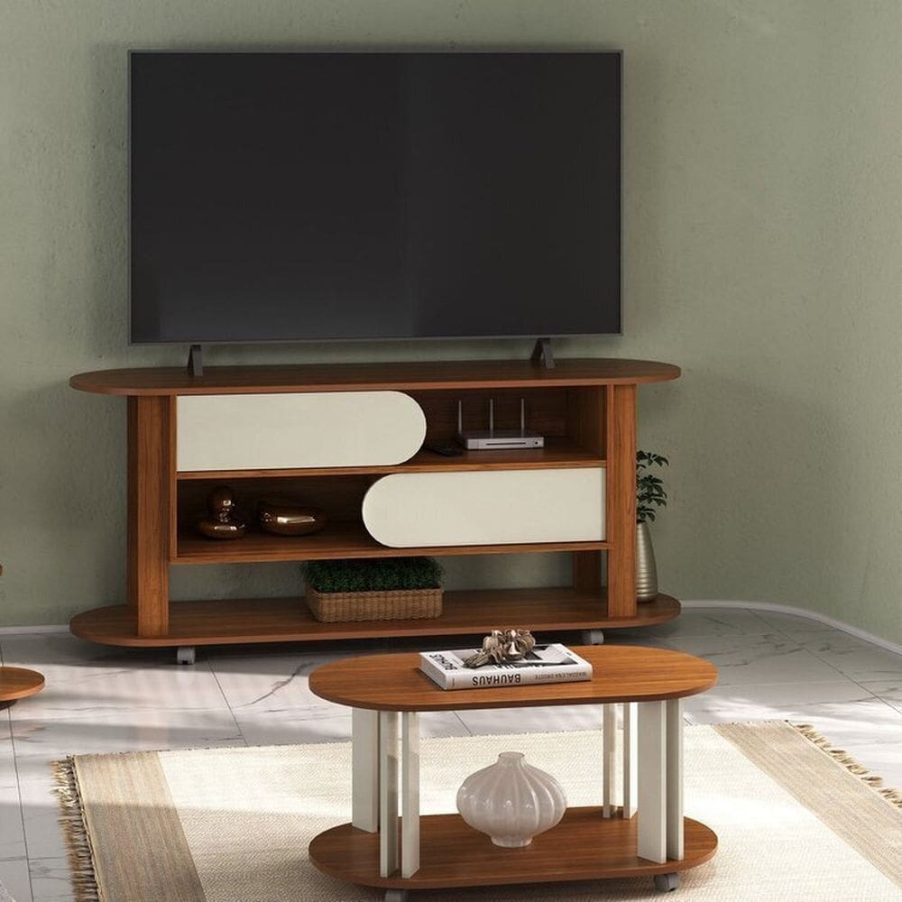 Conjunto Sala de Estar Mesa de Centro e Rack Rodízios para Fácil Movimentação Mundi Cedro/Off White