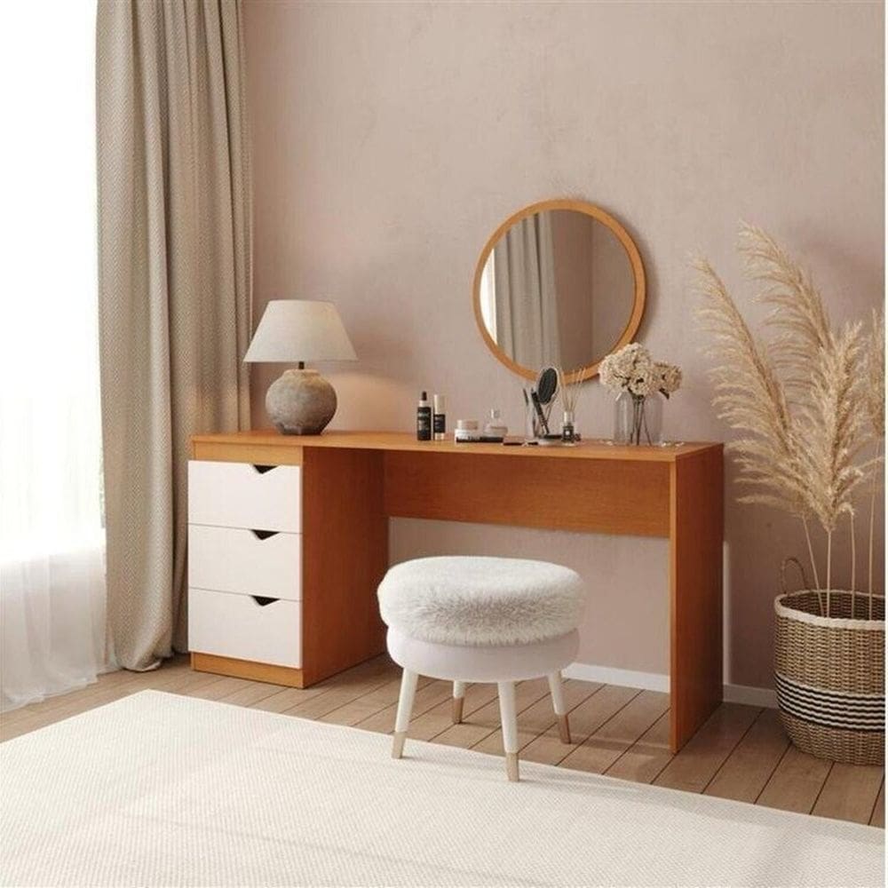 Penteadeira com Espelho Redondo Porto Creme/Freijó