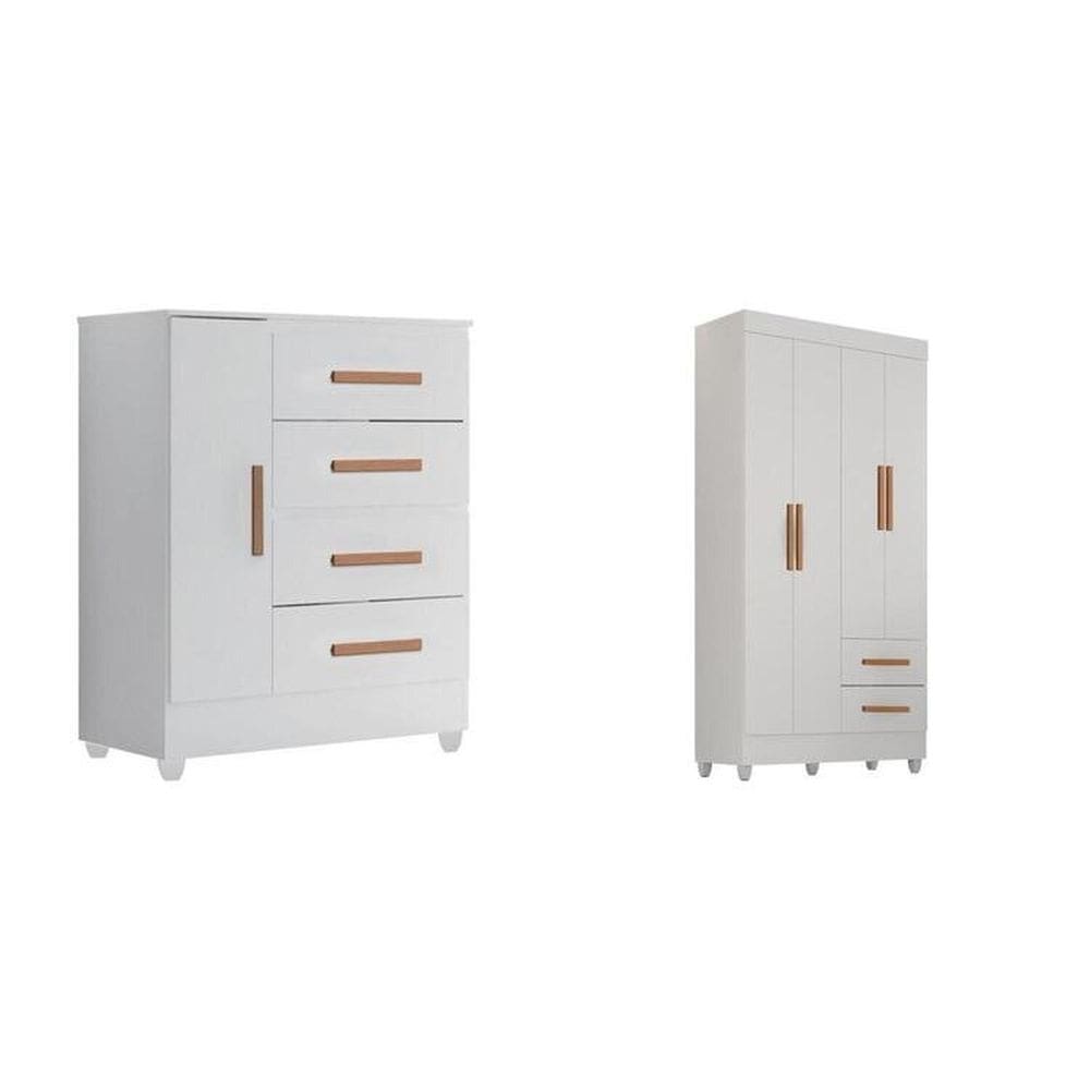 Quarto Bebê Infantil com Guarda-Roupa 4 Portas e 2 Gavetas com Cômoda 4 Gavetas e 1 Porta Branco