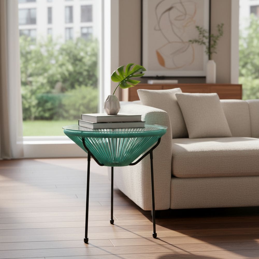 Mesa De Apoio Com Rattan Azul Tiffany 50x50 Cm