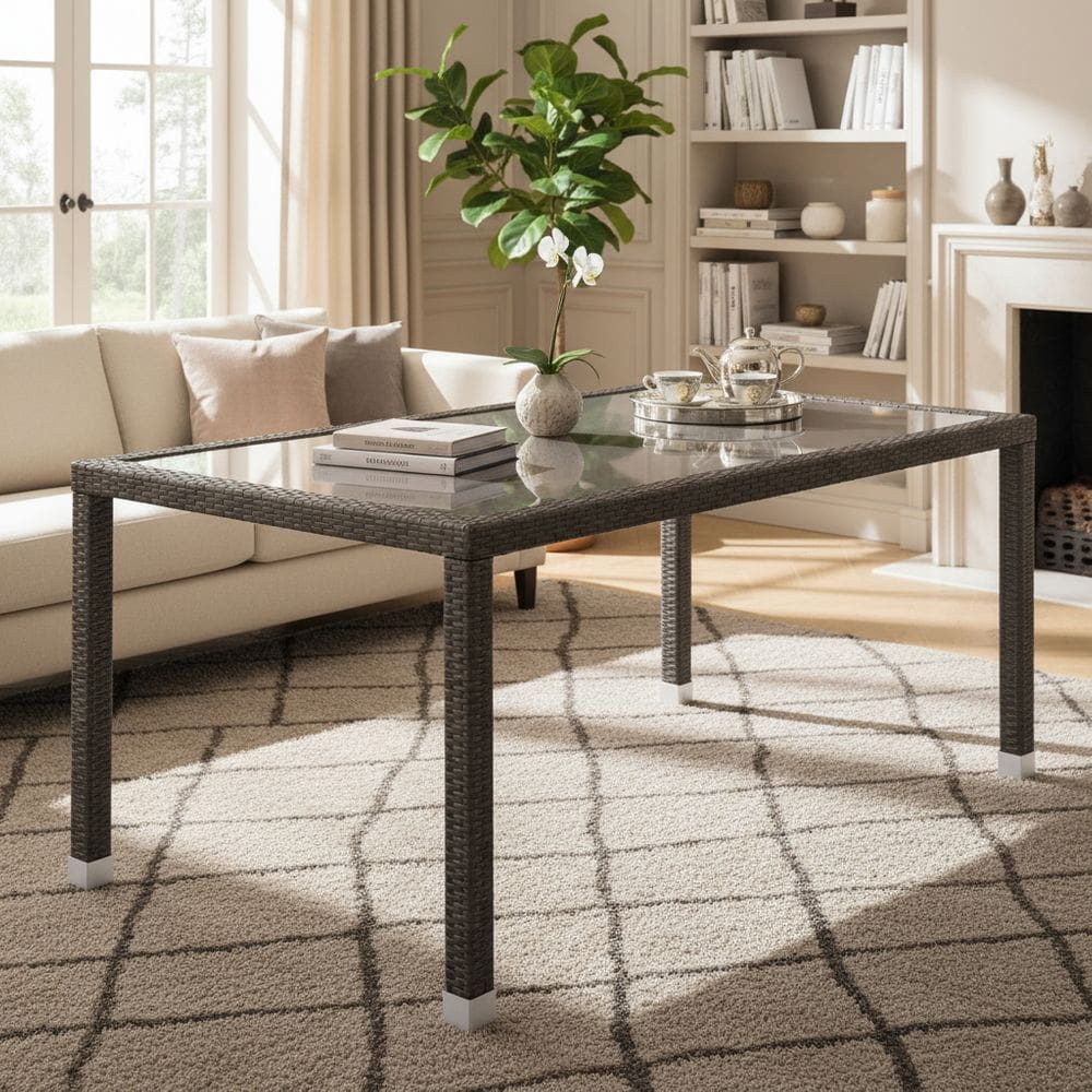 Mesa Para Area Externa Com Rattan E Vidro 90x160 Cm