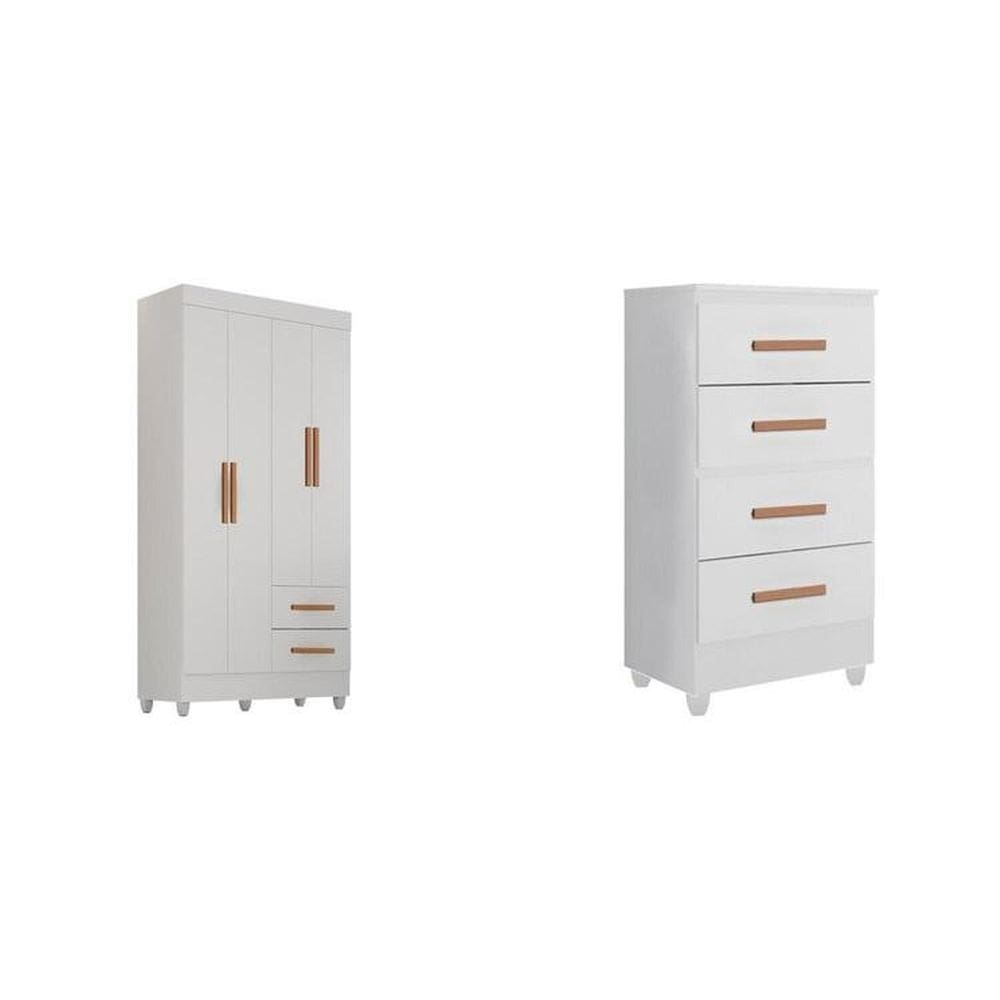 Quarto Bebê Infantil com Guarda-Roupa 4 Portas e 2 Gavetas com Cômoda 4 Gavetas Branco