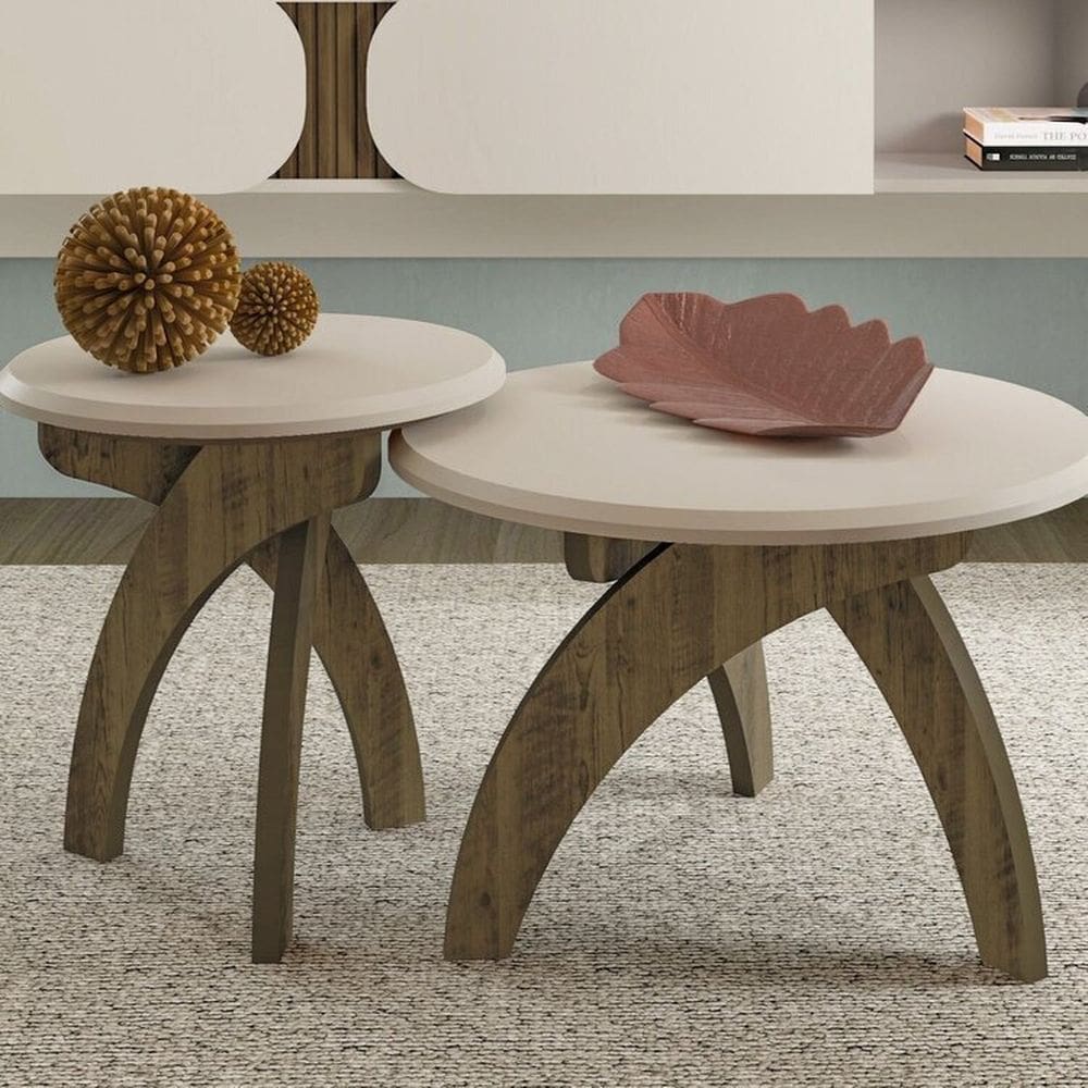 Conjunto 2 Peças Sala de Estar Mesa de Apoio e Mesa de Centro Jade Pinho/Off White