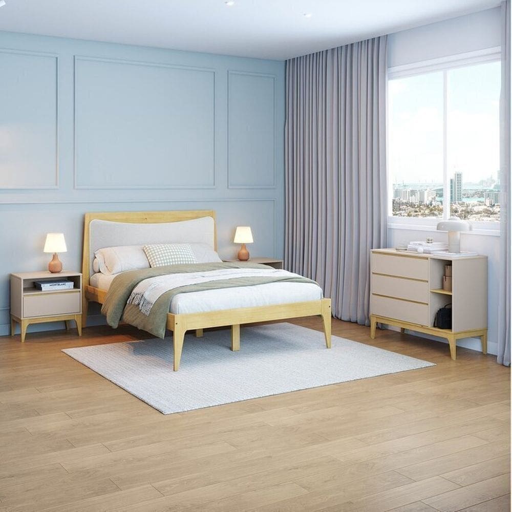 Quarto Completo 1 Cama Casal Cabeceira Estofada 2 Mesas de Cabeceira 1 Cômoda 3 Gavetas Yescasa Cappuccino/Amêndoa