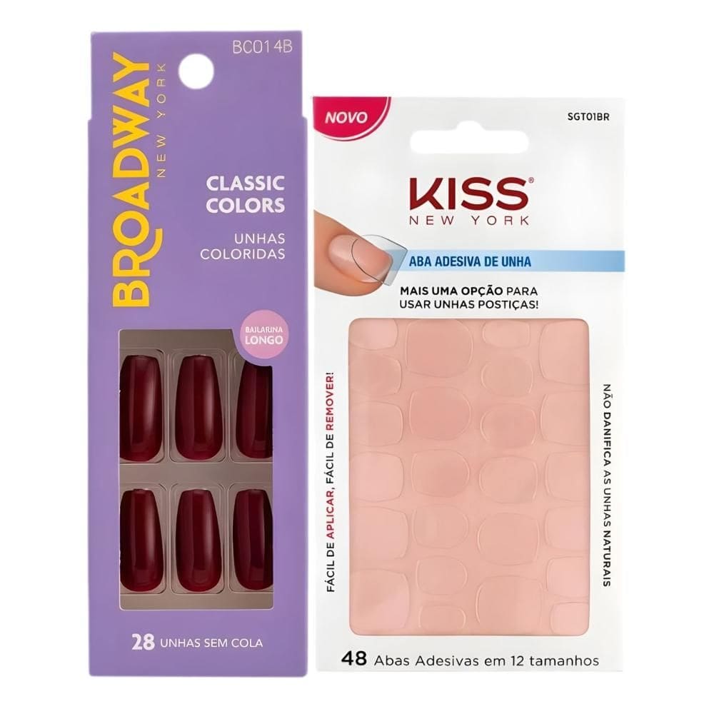 Kit Kiss New York: Unhas Postiças Bailarina Longo Lavender e Abas Adesivas Unhas