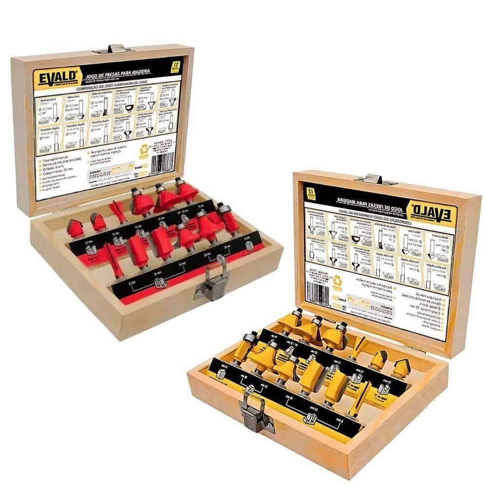 Jogo Fresas Tupia Para Madeira Kit 12 Peças Haste 6 Mm Evjf-12 Evald