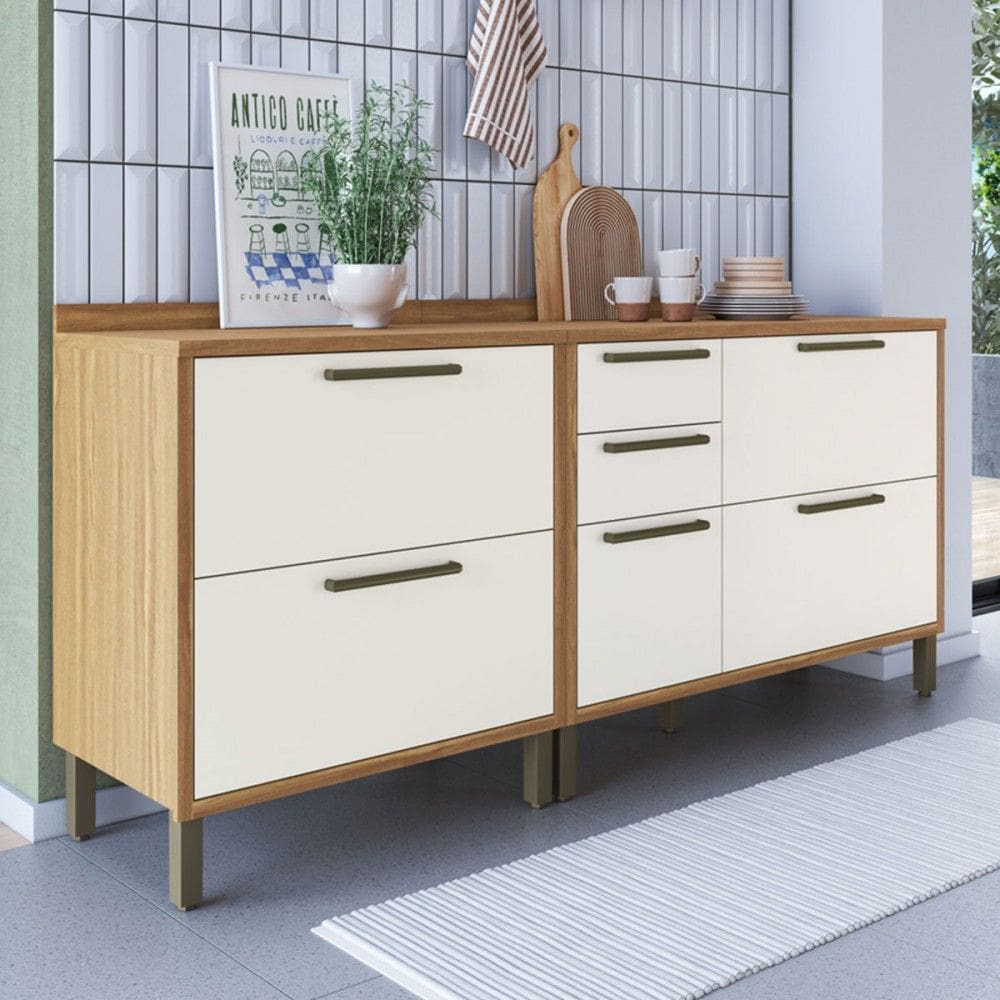 Armário de Cozinha Modulada com Balcão e Tampo 3 Portas 4 Gavetas ágata 100% Mdf Vidro Reflecta Amêndoa/Off White - Pnr Móveis