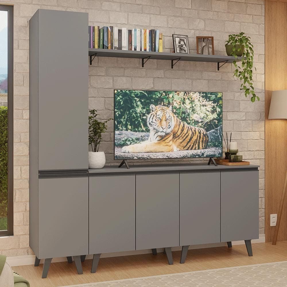 Rack Para Até 70 Polegadas + Prateleira 200cm Nice Madesa 02 Cinza