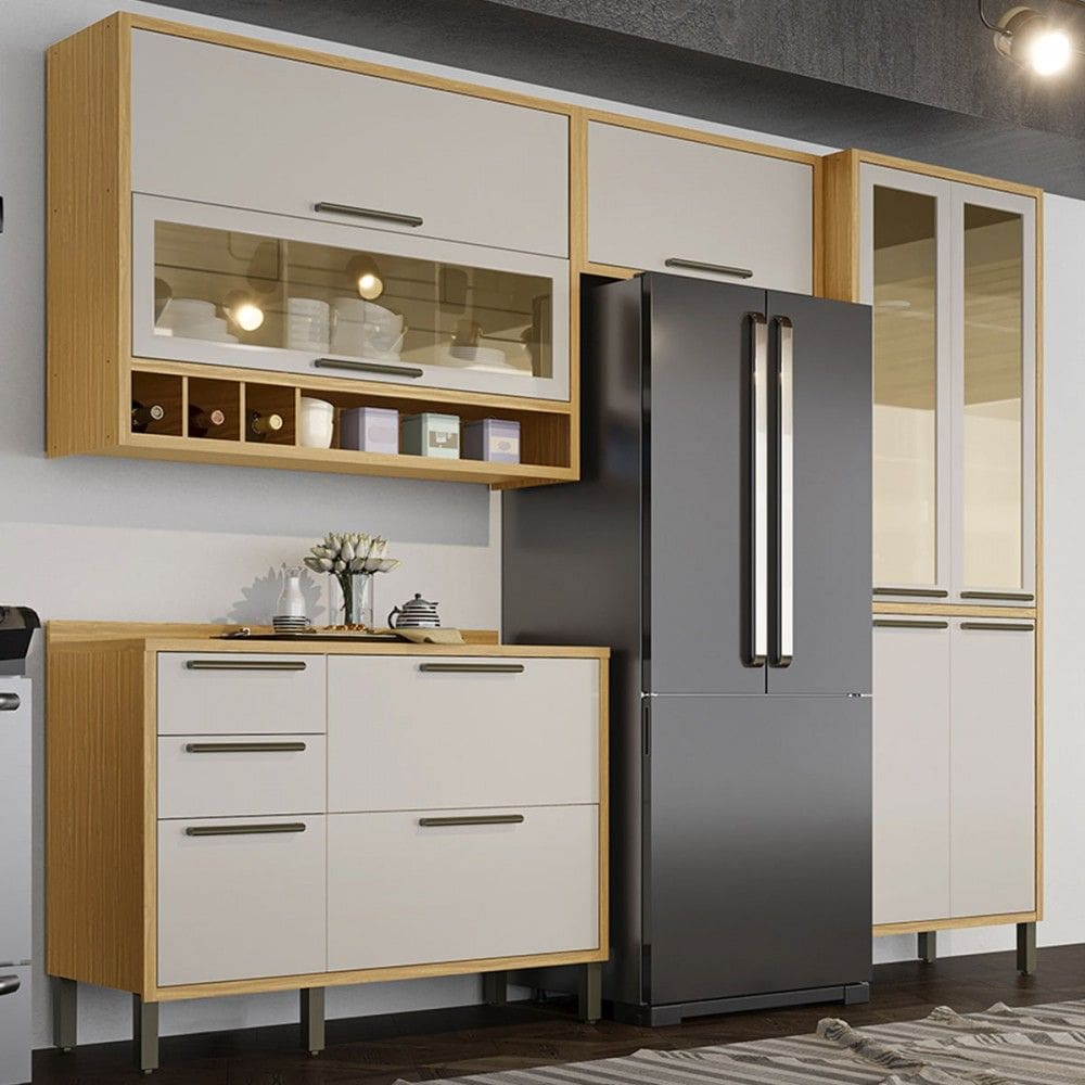 Armário de Cozinha com Balcão e Tampo 9 Portas 3 Gavetas Pérola 100% Mdf Vidro Reflecta Amêndoa/Off White - Pnr Móveis