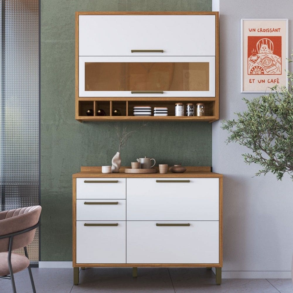 Armário de Cozinha com Balcão e Tampo 4 Portas 3 Gavetas Pérola 100% Mdf Vidro Reflecta Amêndoa/Branco - Pnr Móveis