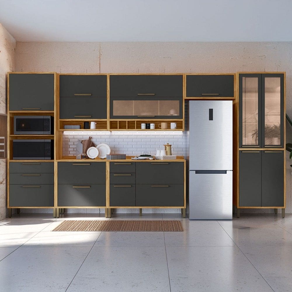 Armário de Cozinha Modulada com Balcão e Tampo 14 Portas 6 Gavetas ágata  100% Mdf Vidro Reflecta Amêndoa/Cinza - Pnr Móveis