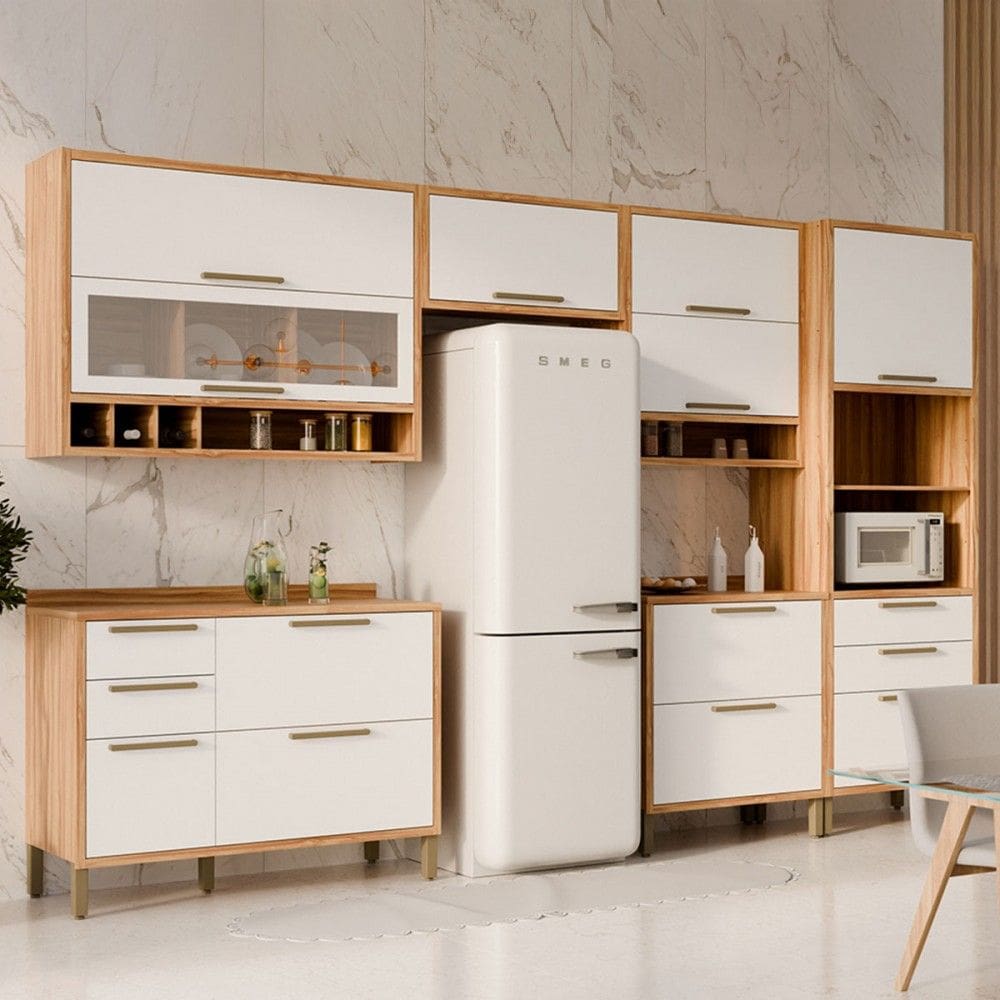 Armário de Cozinha Modulada com Balcão e Tampo 10 Portas 6 Gavetas ágata 100% Mdf Vidro Reflecta Amêndoa/Branco - Pnr Móveis