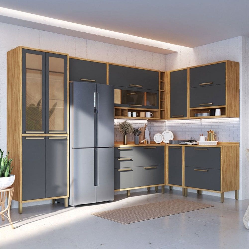 Armário de Cozinha Modulada Canto com Balcão e Tampo 14 Portas 4 Gavetas ágata 100% Mdf Vidro Reflecta Amêndoa/Cinza - Pnr Móveis