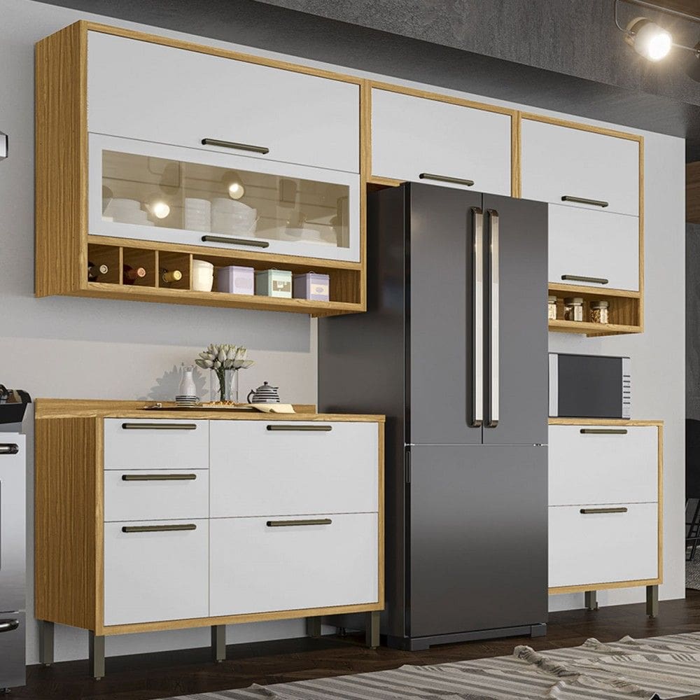 Armário de Cozinha com Balcão e Tampo 8 Portas 4 Gavetas Pérola 100% Mdf Vidro Reflecta Amêndoa/Branco - Pnr Móveis