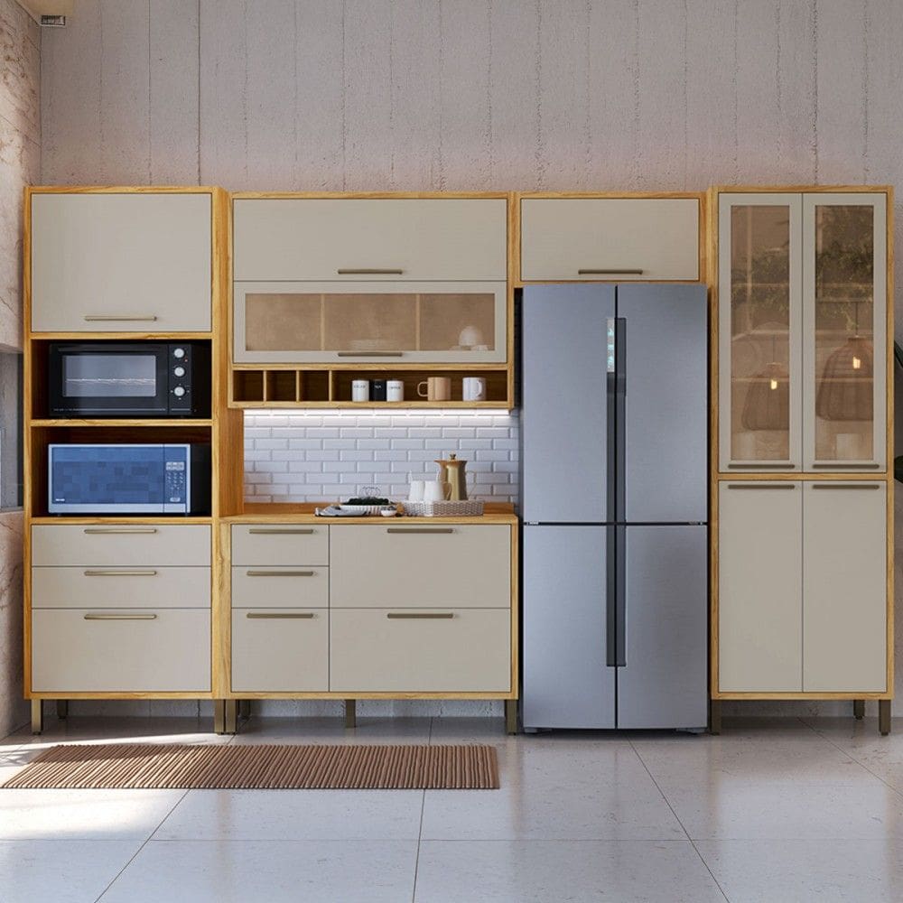 Armário de Cozinha Modulada com Balcão e Tampo 11 Portas 5 Gavetas ágata 100% Mdf Vidro Reflecta Amêndoa/Off White - Pnr Móveis