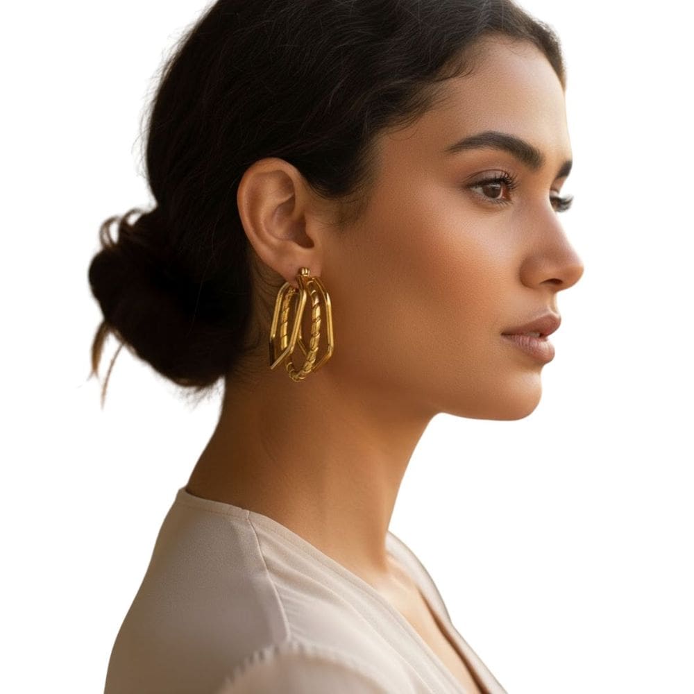 Brinco Argola Geométrica Dourada Banhado Ouro 18K Luxo Festa