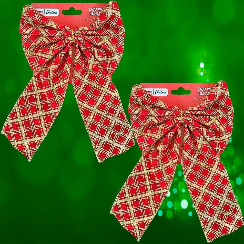 Laço Pendente Vermelho Gliter Dourado Natal 16x24cm Kit 6pçs