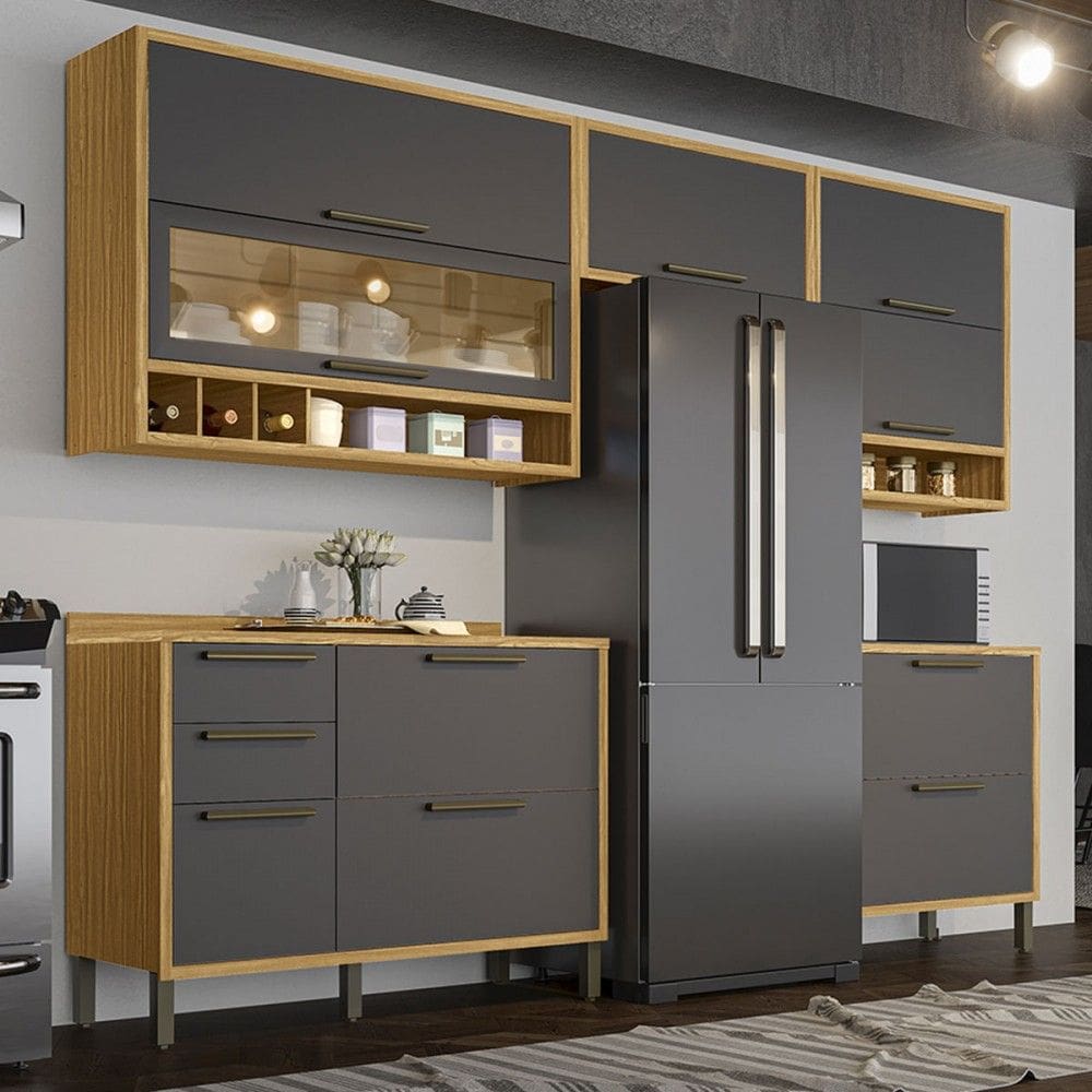 Armário de Cozinha Modulada com Balcão e Tampo 8 Portas 4 Gavetas ágata 100% Mdf Vidro Reflecta Amêndoa/Cinza - Pnr Móveis