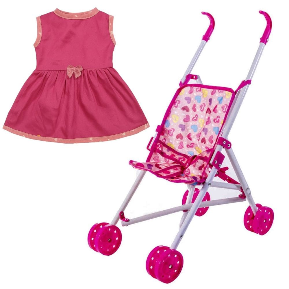 Kit Menina Carrinho Bebê DM Toys + Vestido Oxford Laço 24cm