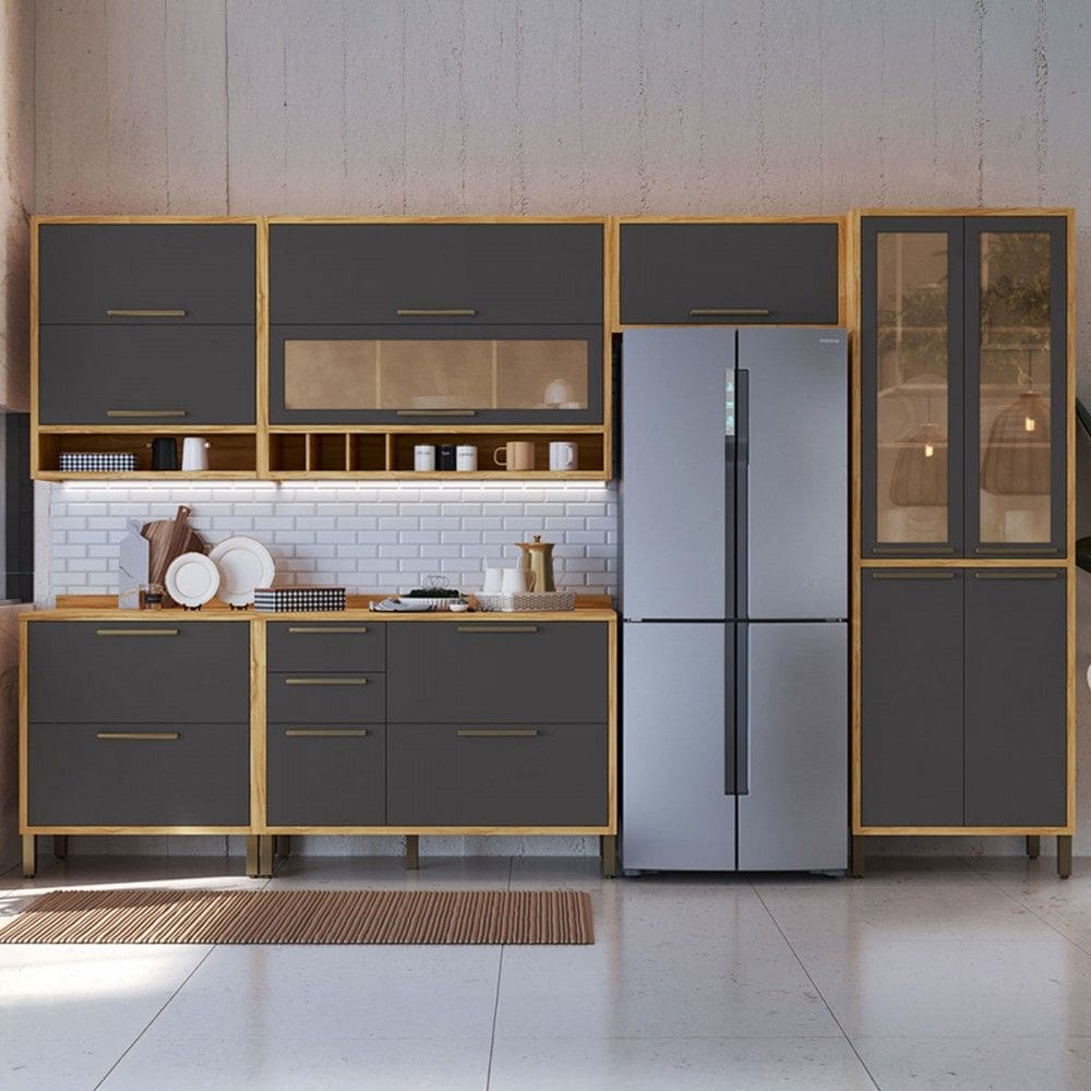 Armário de Cozinha Modulada com Balcão e Tampo 12 Portas 4 Gavetas ágata 100% Mdf Vidro Reflecta Amêndoa/Cinza - Pnr Móveis